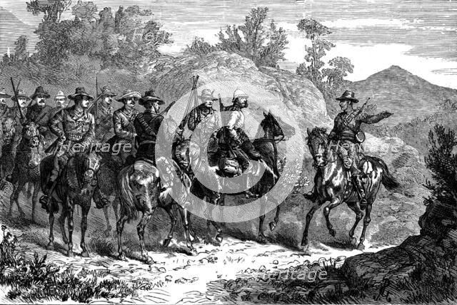 The Basuto War: colonial volunteers reconnoitring - return of the scout, 1881. Creator: Unknown.