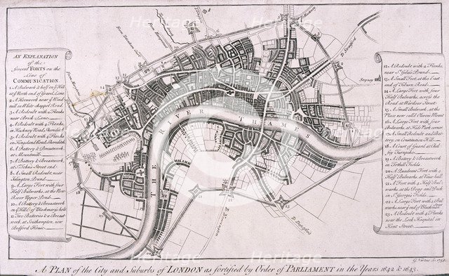 Map of London showing English Civil War Fortifications, c1642, (c1750). Artist: George Vertue