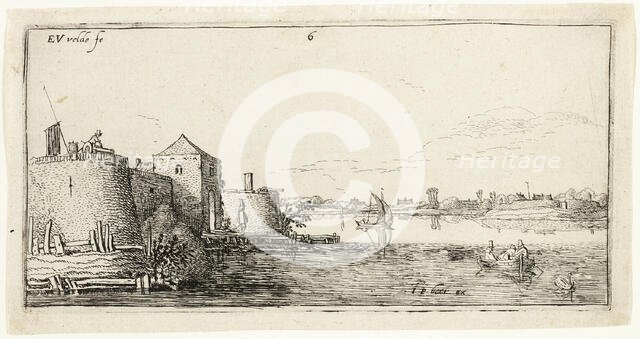 Ten Landscapes: Walled River Town to the Left of a River, 1615/16. Creator: Esaias van de Velde.