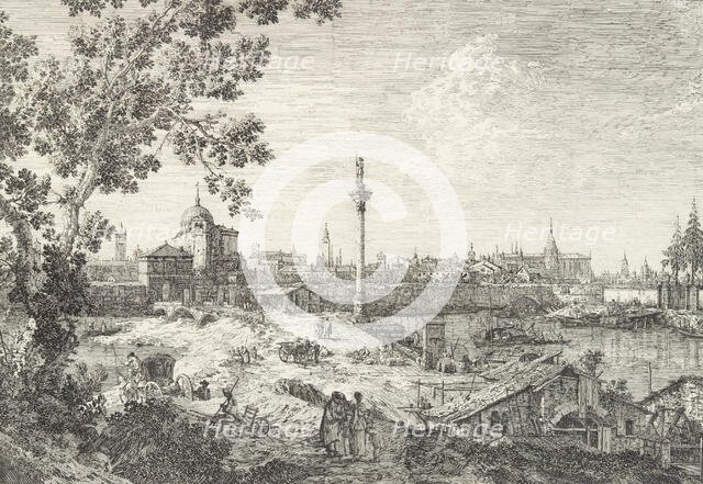 Imaginary View of Padua, with a campanile and domed church at left, a column surmounted..., 1735-46. Creator: Canaletto.