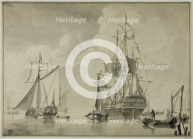 Warships and Other Boats in Harbor, 1780/90. Creator: Unknown.