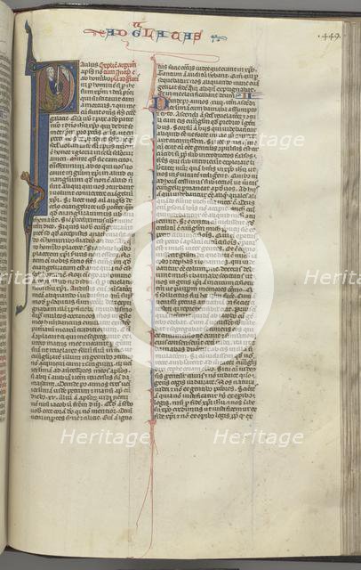 Fol. 449r, Galatians, historiated initial P, Paul seated with a sword…, c. 1275-1300. Creator: Unknown.