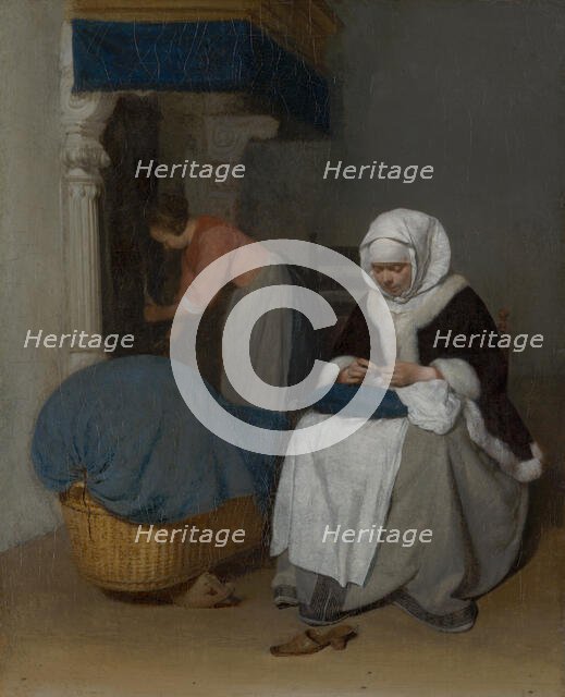 Woman Sewing beside a Cradle. Creator: Gerard Terborch II.