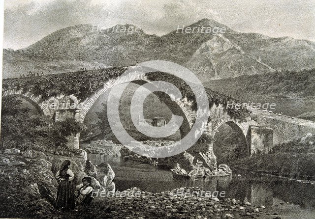 Bridge in Cangas de Onis on the River Sella and the hermitage of Santa Cruz, lithograph of the wo…