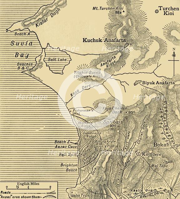 Positions of ANZAC forces on the Gallipoli peninsula in Turkey, First World War, July 1915, (c1920). Creator: Unknown.