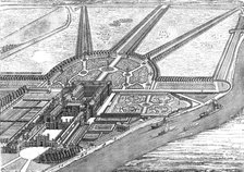 ''Bird's Eye View of Hampton Court Palace as finished by William III', 1891. Creator: Unknown.