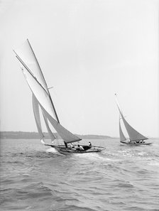 The 8 Metre 'Ventana' and 'Garraveen' race upwind, 1914. Creator: Kirk & Sons of Cowes.