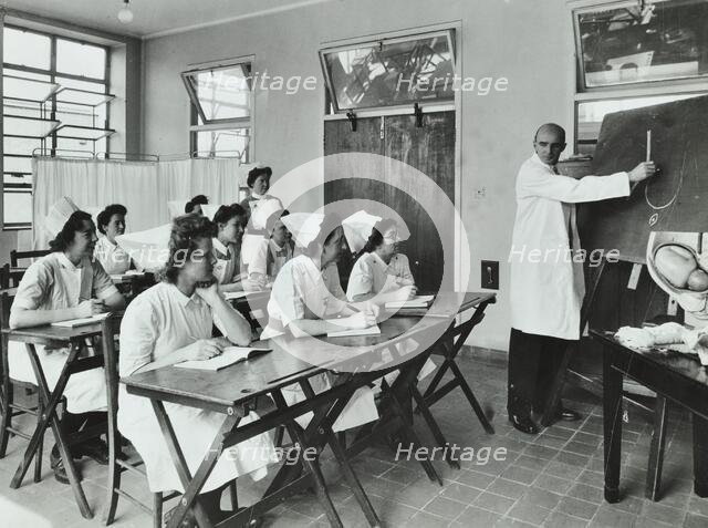 A doctor instructs trainee midwives, 1950s. Creator: Unknown.