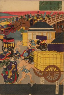 Flourishing Nihonbashi section of Tokyo. (Tokyo Nihonbashi han ei no zu) Triptych. Artist: Yoshitora, Utagawa (active 1850-1880)