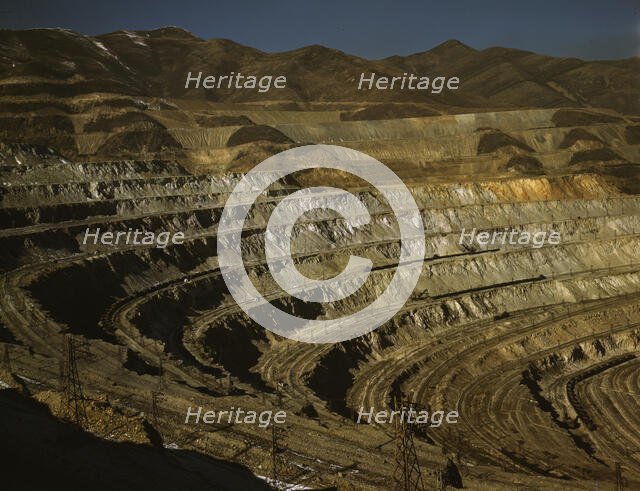 View of the Utah Copper Company open-pit mine workings at Carr Fork...Bingham Canyon, Utah, 1942. Creator: Andreas Feininger.