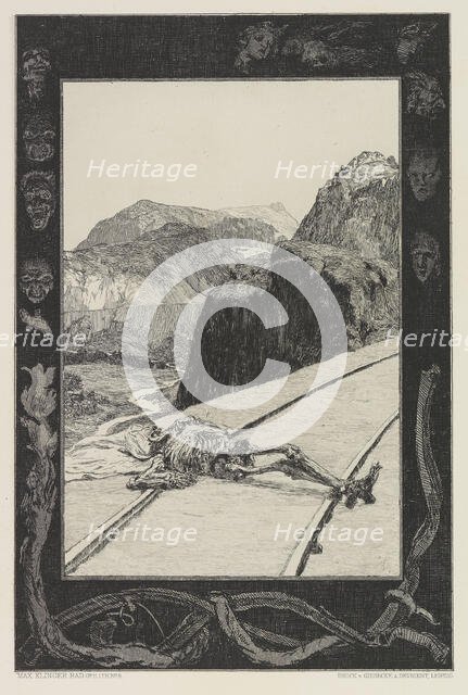 On the Tracks (Auf den Schienen), plate 8 from the portfolio On Death, Part I, Opus XI, 1897. Creator: Klinger, Max (1857-1920).