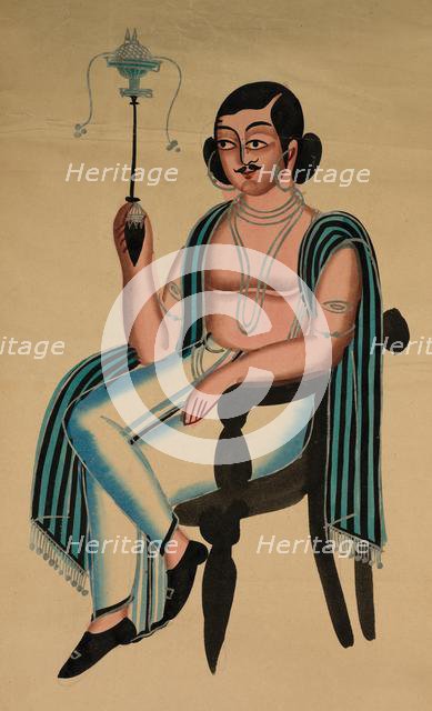 Man Seated in a European Chair Smoking a Margila Pipe, c. 1880. Creator: Unknown.