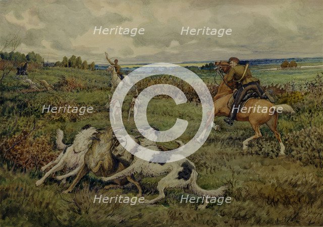 Hunting with Borzois, 1937. Artist: Lissner, Ernest Ernestovich (1874-1941)