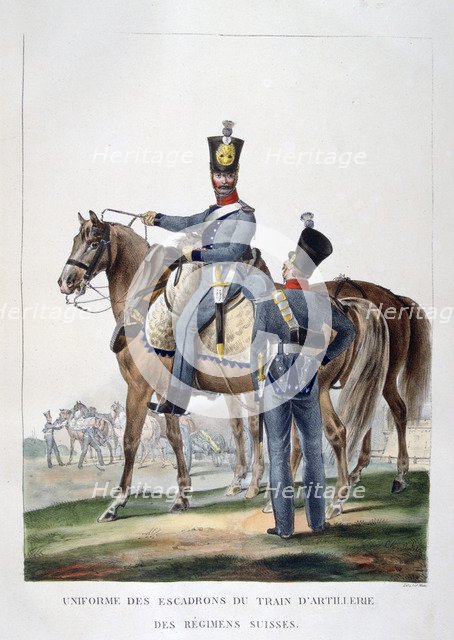 Uniform of a squadron of horse artillery train of a Swiss regiment, France, 1823.  Artist: Charles Etienne Pierre Motte