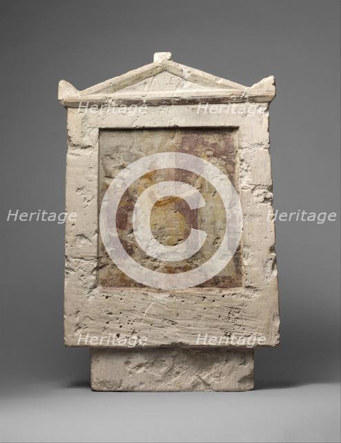 Painted limestone funerary stele with a seated man and two standing..., late 4th-early 3rd century B Creator: Unknown.
