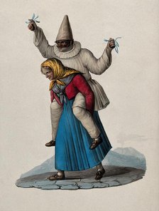 An old woman is carrying a masked pierrot on her shoulders. Creator: Unknown.