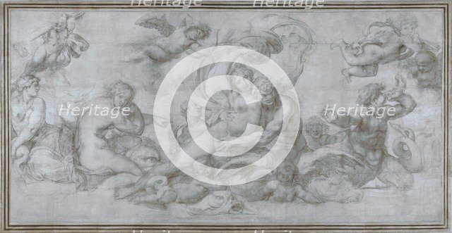 A Woman borne off by a Sea God (Cartoon for a fresco in the Gallery of the Palazzo Farnese, Rome), c. 1599. Artist: Carracci, Agostino (1557-1602)