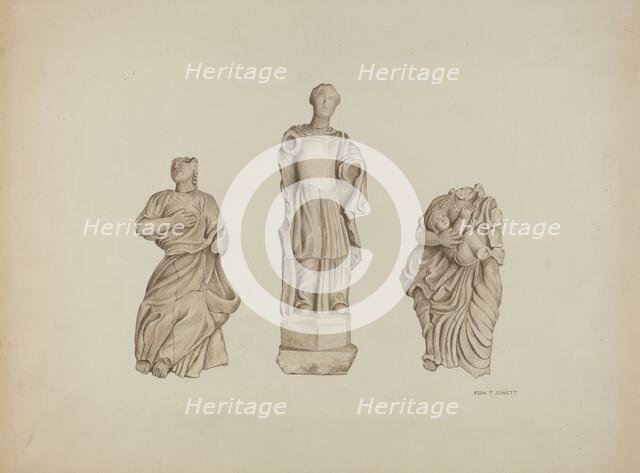 Faith, Hope and Charity: Stone Figures from Facade of Mission, 1936. Creator: Edward Jewett.