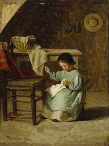 Girl Sewing, 1869. Creator: Adolf von Becker.