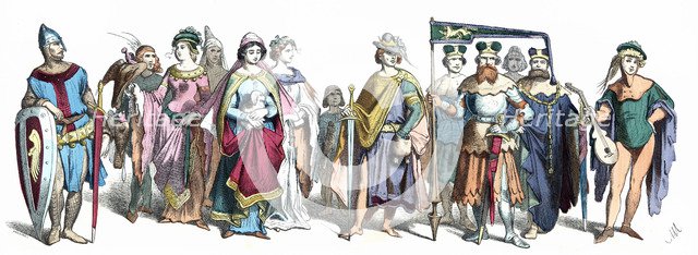 Ghibellines and Guelphs personages 12th-13th century, German engraving 1860.