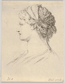 Plate 3: head of a woman with braided hair, turned in profile to the right, from 'Various ..., 1650. Creator: Stefano della Bella.