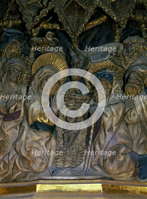 Altarpiece of the Cathedral of Tarragona in polychromed alabaster (1426-1436), detail 'The Nativi…