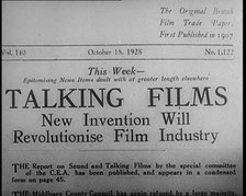 A Shot of a Kinematograph Weekly. Headline Reads: 'Talking Films. New Invention Will..., 1929. Creator: British Pathe Ltd.