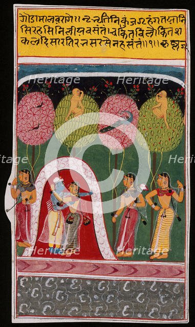 Radha and Krishna Embracing in a Bower, Folio from a Gita Govinda..., c1605 or later. Creator: Unknown.