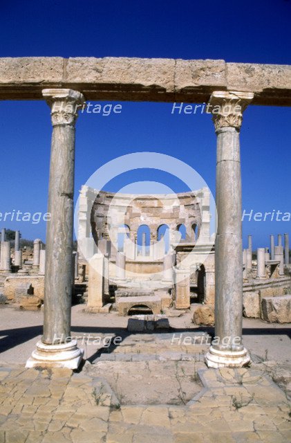 The Market, Leptis Magna, Libya, c3rd century AD. Pillars in the ancient Roman city.