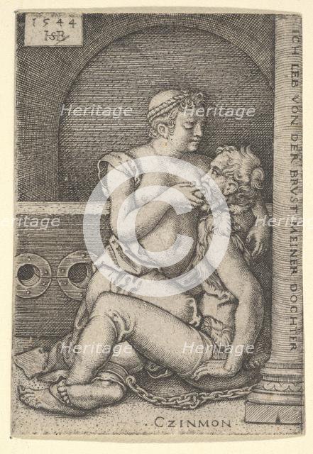 Cimon seated against a column at right, suckling from Pero who is kneeling next to him, 1544. Creator: Sebald Beham.