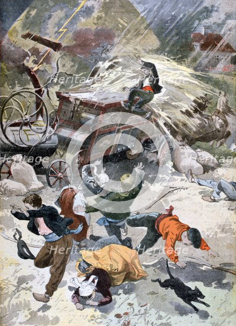 A farming machine struck by lightning, 1902. Artist: Unknown