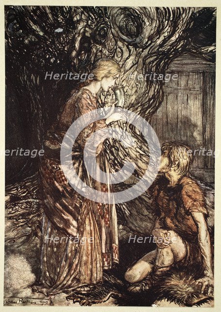 'This healing and honeyed draught of Mead deign to accept from me', 1910.  Artist: Arthur Rackham