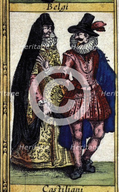 Castilians types, colored engraving from the book 'Le Theatre du monde' or 'Nouvel Atlas', 1645, …