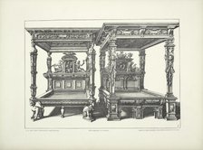 Two designs for four-poster beds with carved figures and faces on headboards, one with..., c1869. Creator: Unknown.