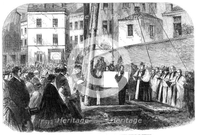 The Bishop of Oxford laying the foundation-stone of an English church at Brussels, 1864. Creator: Unknown.