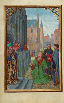 Joseph of Arimathea Before Pilate; Prayer Book of Cardinal Albrecht of Brandenburg, about 1525-1530. Creator: Simon Bening.