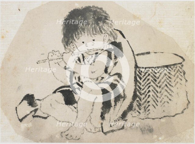 Boy Playing Flute, Edo period, ca. 1840. Creator: Hokusai.