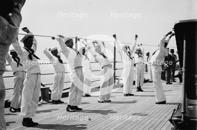 War game drill on USS Seattle, between c1910 and c1915. Creator: Bain News Service.