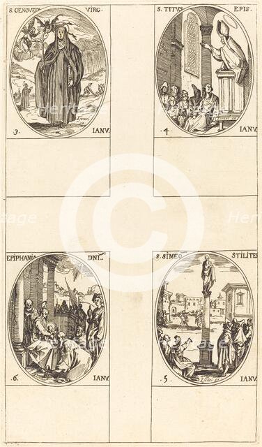 St. Genevieve; St. Titus; St. Simeon Stylites; Epiphany. Creator: Jacques Callot.
