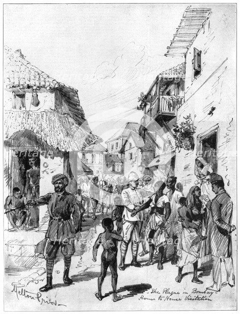 House-to-house visitation during the plague in Bombay, India, 1898.Artist: Melton Prior