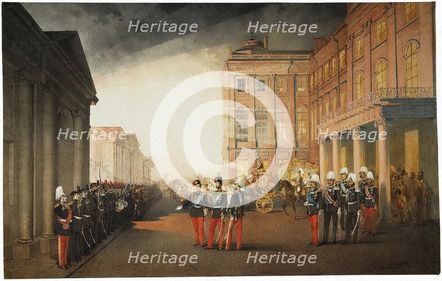 Parade in front of the Anichkov Palace on 26 February 1870, 1870. Artist: Zichy, Mihály (1827-1906)