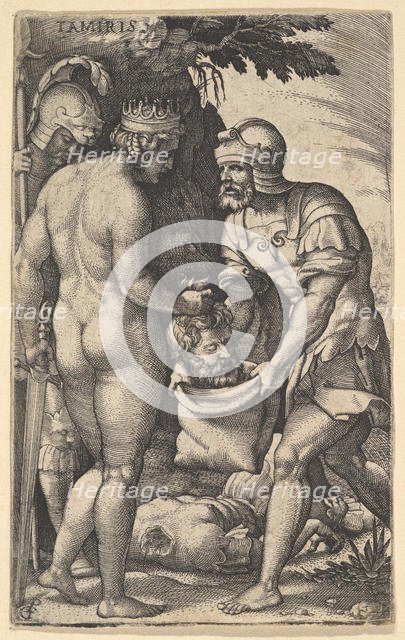 Tomyris, shown nude from behind, placing the head of Cyrus into a sack held by a soldi..., ca. 1539. Creator: Georg Pencz.