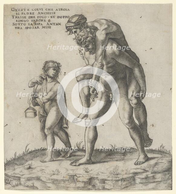 Aeneas rescuing Anchises, a young boy carrying a lantern at left, ca. 1525., ca. 1525. Creator: Giovanni Jacopo Caraglio.
