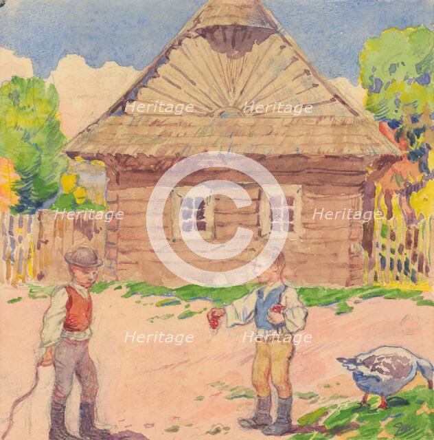 13.- Two Boys in Front of the Wooden House, 1932. Creator: Gustav Mally.