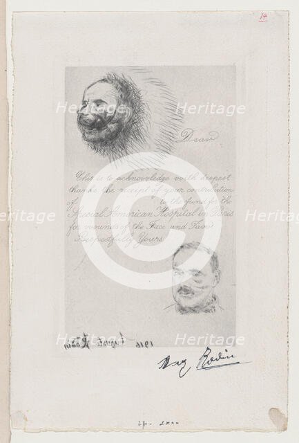 Contribution Receipt of the Special American Hospital in Paris for Wounds of the Face and ..., 1916. Creator: Auguste Rodin.
