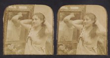 Woman before mirror with hands behind head, one breast exposed, 1855-1860. Creator: Unknown.