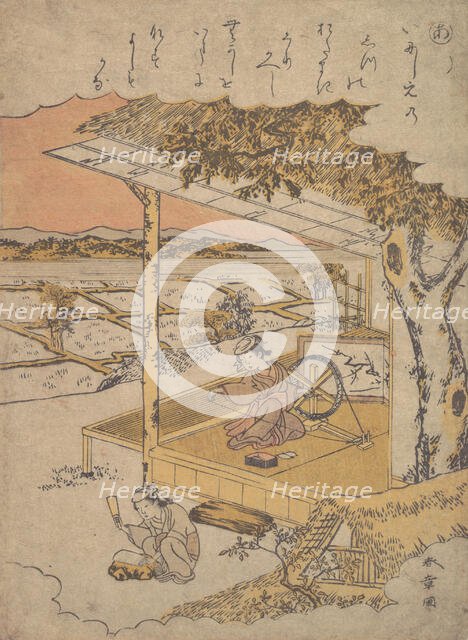 Woman on Veranda, Spinning..., 18th century. Creator: Shunsho.