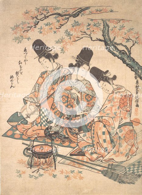 Parody of Palace Servants Heating Sake over a Fire of Maple Leaves , ca. 1750., ca. 1750. Creator: Okumura Masanobu.
