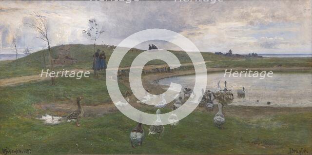 Geese by a lake, unsettled weather, Dragør, 1897. Creator: Viggo Johansen.
