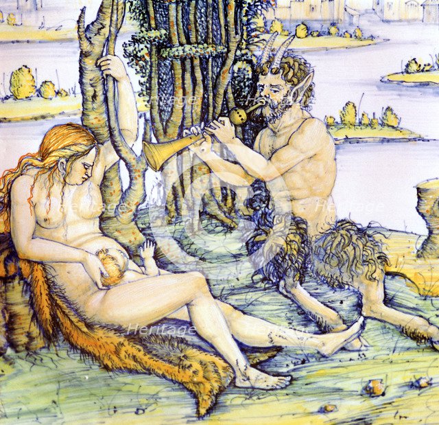 Italian earthenware plate showing the satyr family after Durer. Artist: Unknown